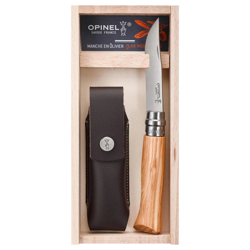 Coffret Couteau Opinel Randonnée Numéro 8 En Bois D'olivier, Avec Son étui Cuir 1 Coffret Couteau Opinel Randonnée Numéro 8 En Bois D'olivier, Avec Son étui Cuir
